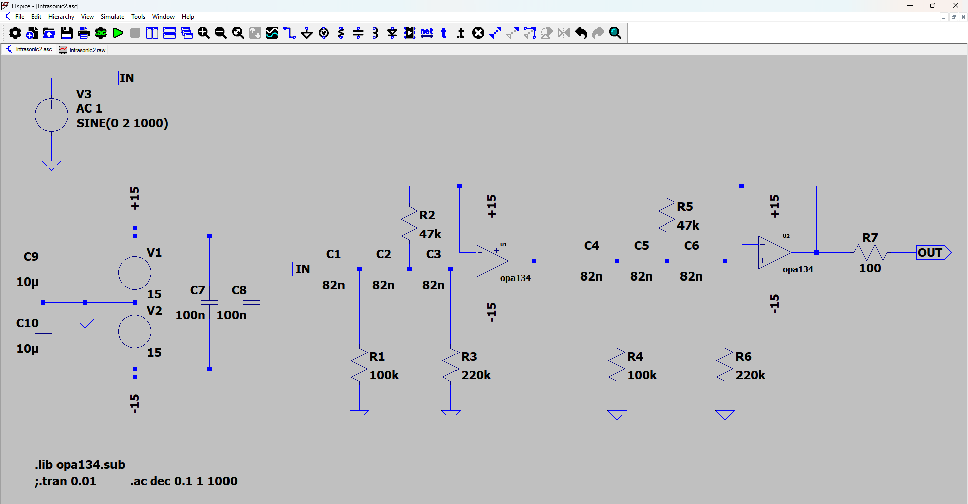Simulation Schematic of the Infrasonic Filter. The ref. designators match the ESP project too. LTSpice Schematic