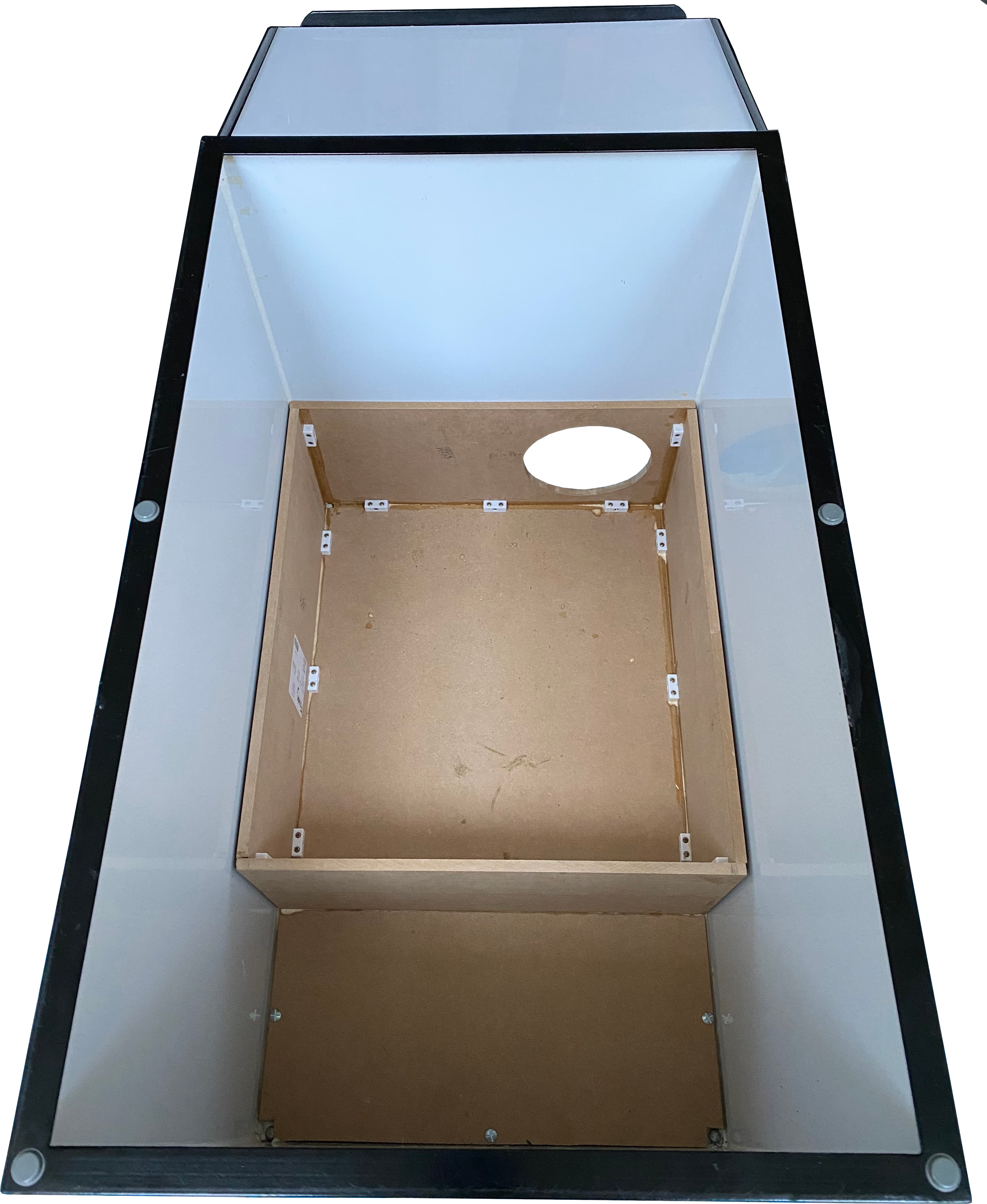 Build has started! You might be thinking "woah, that's a lot of wood glue", and you're right! But, I do not want any air leaks in this subwoofer at all, since that would ruin its performance drastically. Note that the bass port wasn't created yet. Subwoofer Build photo 1