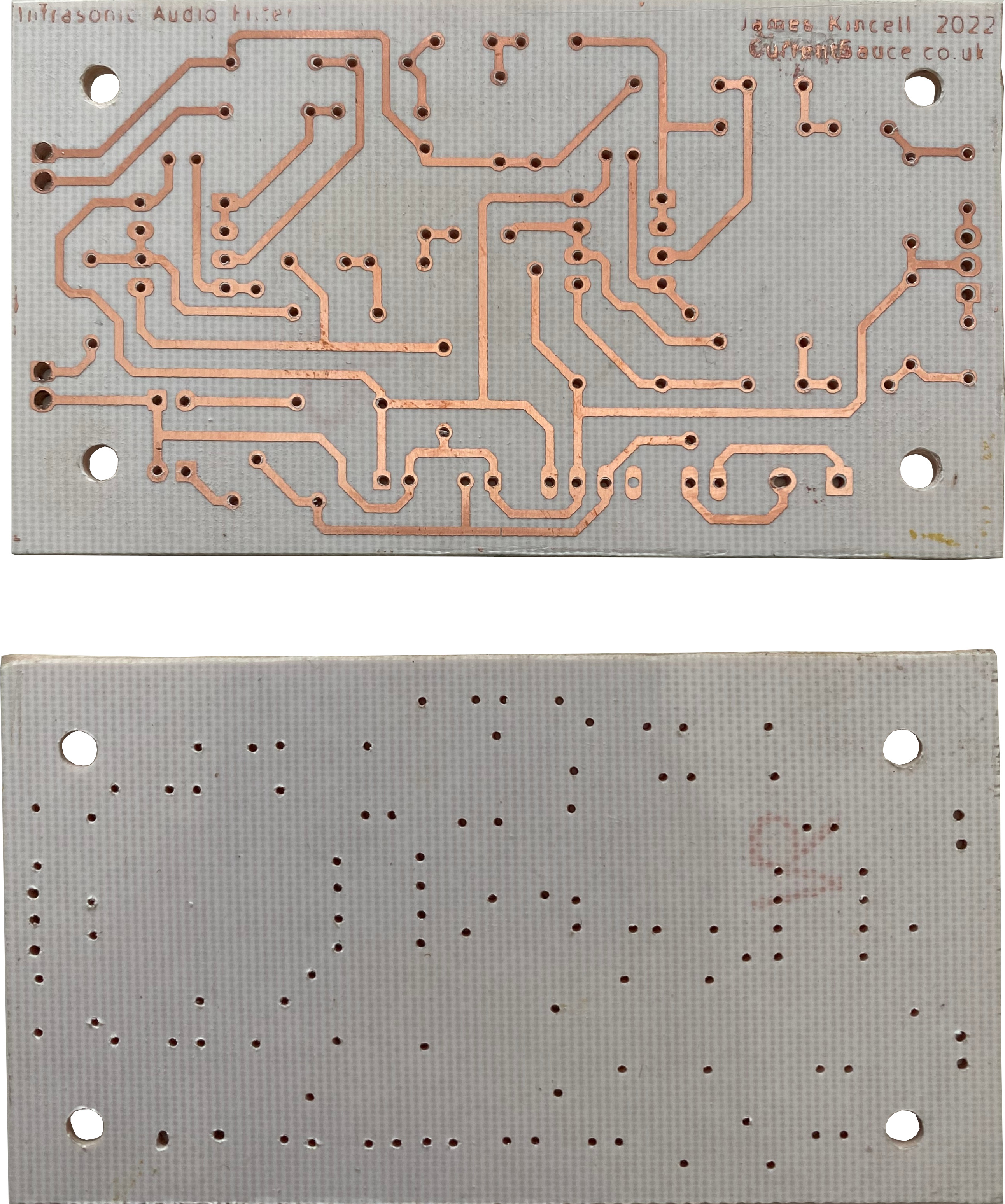 Etched PCB. The text was a bit too fine, and didn't come out very well, but the rest of it came out fine, which is what is the important thing! Etched PCB