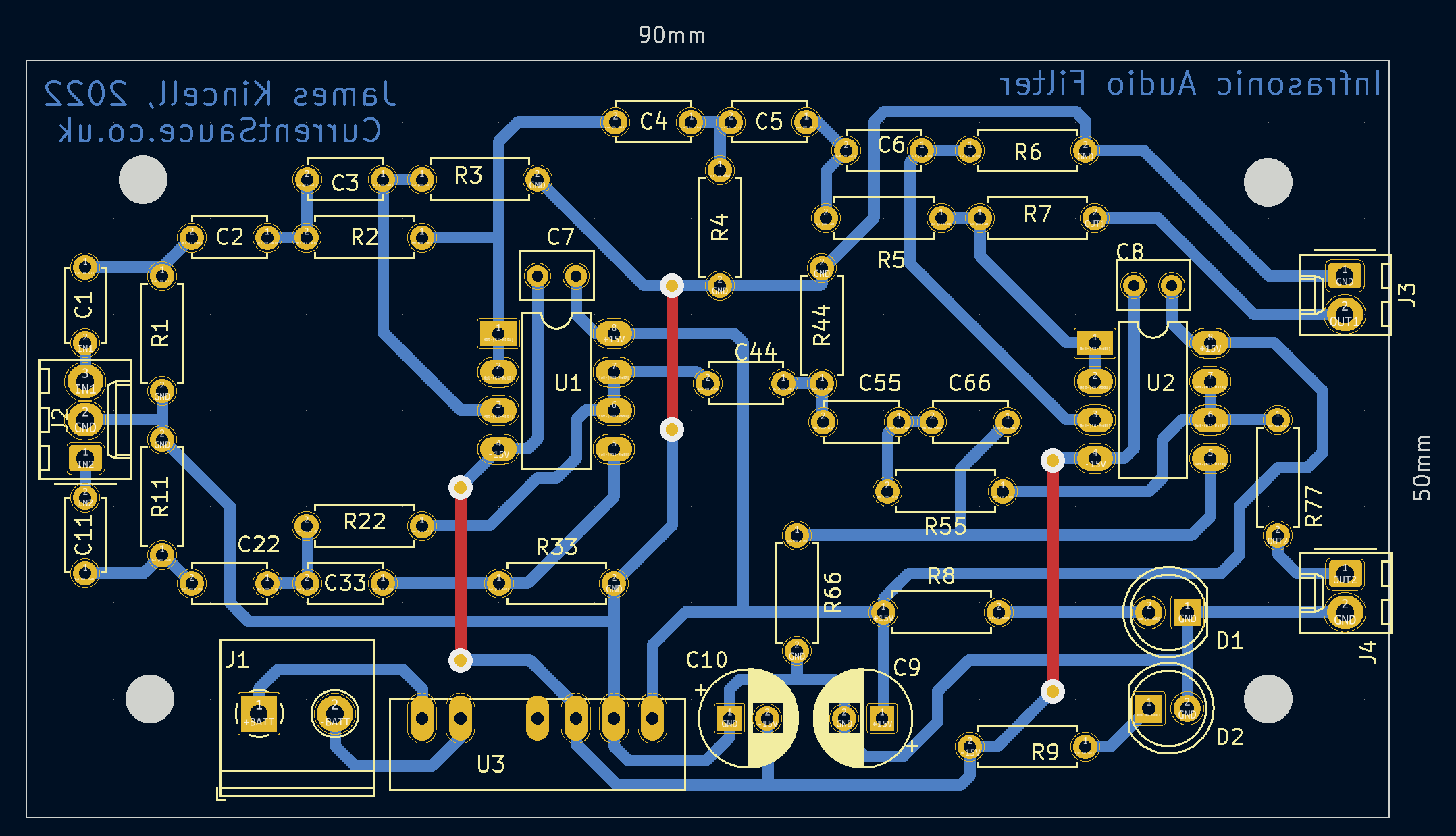 PCB Design in KiCad. The red top-layer traces will be jumpers. KiCad Layout