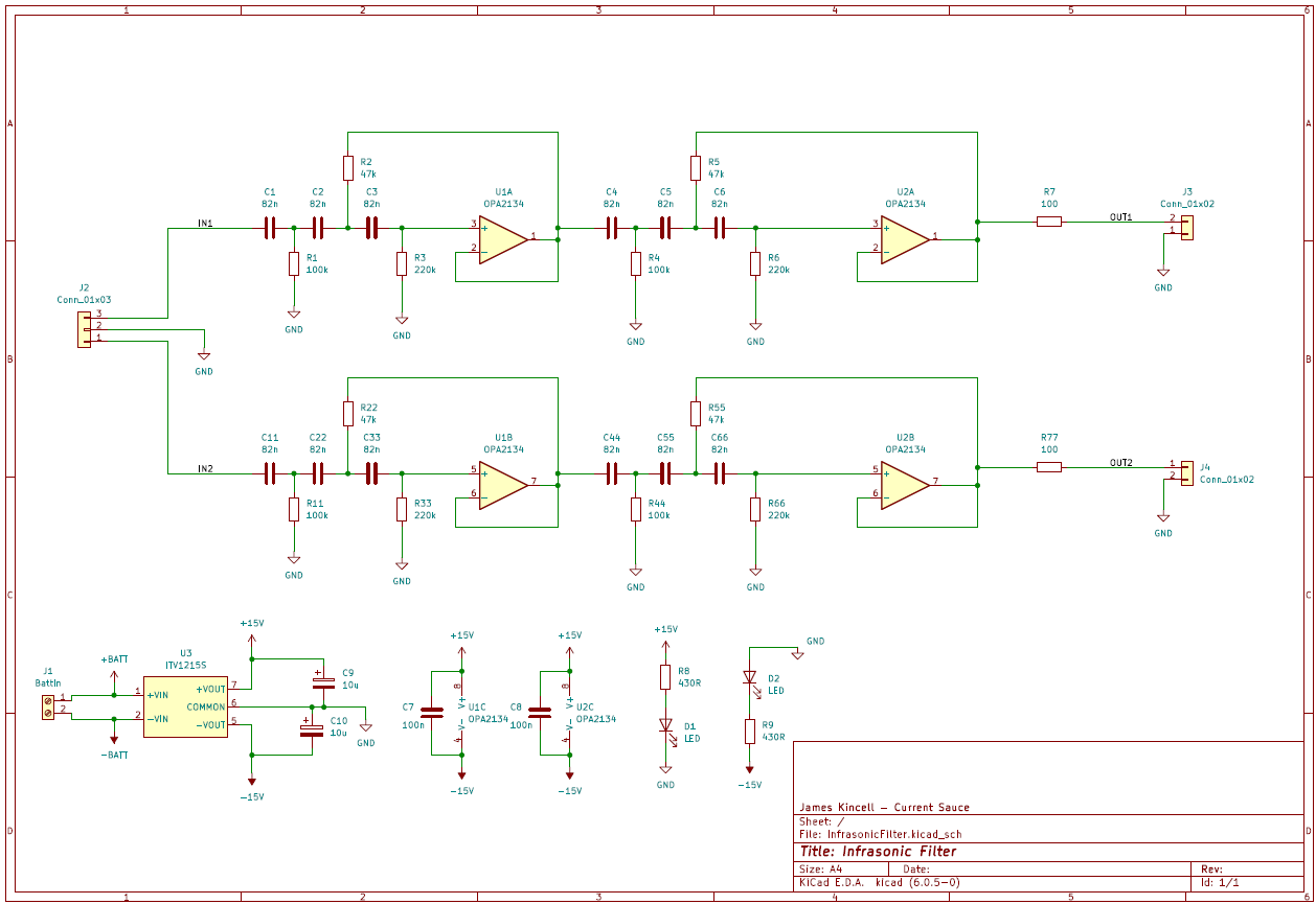 Schematic diagram of the Infrasonic Filter in KiCad. KiCad Schematic
