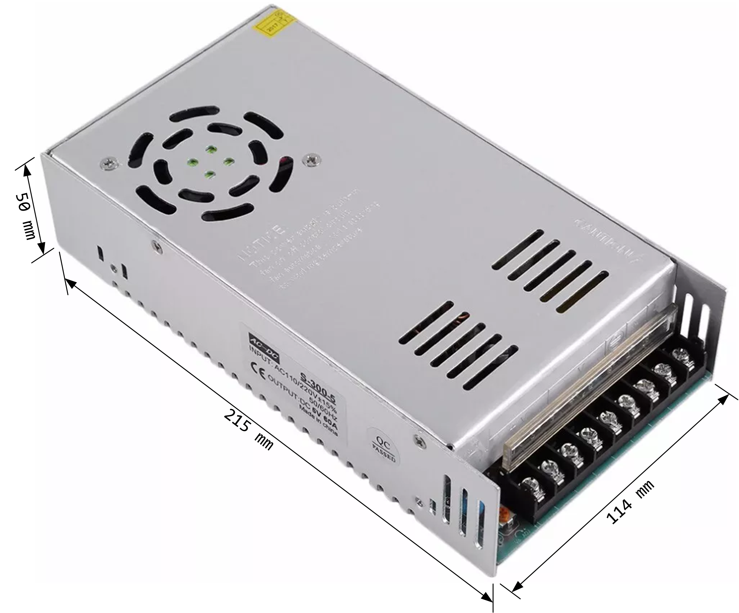 The 5 V 60 A 300 W PSU chosen for this project. It's an un-branded generic one, but it'll never see significant demand. PSU