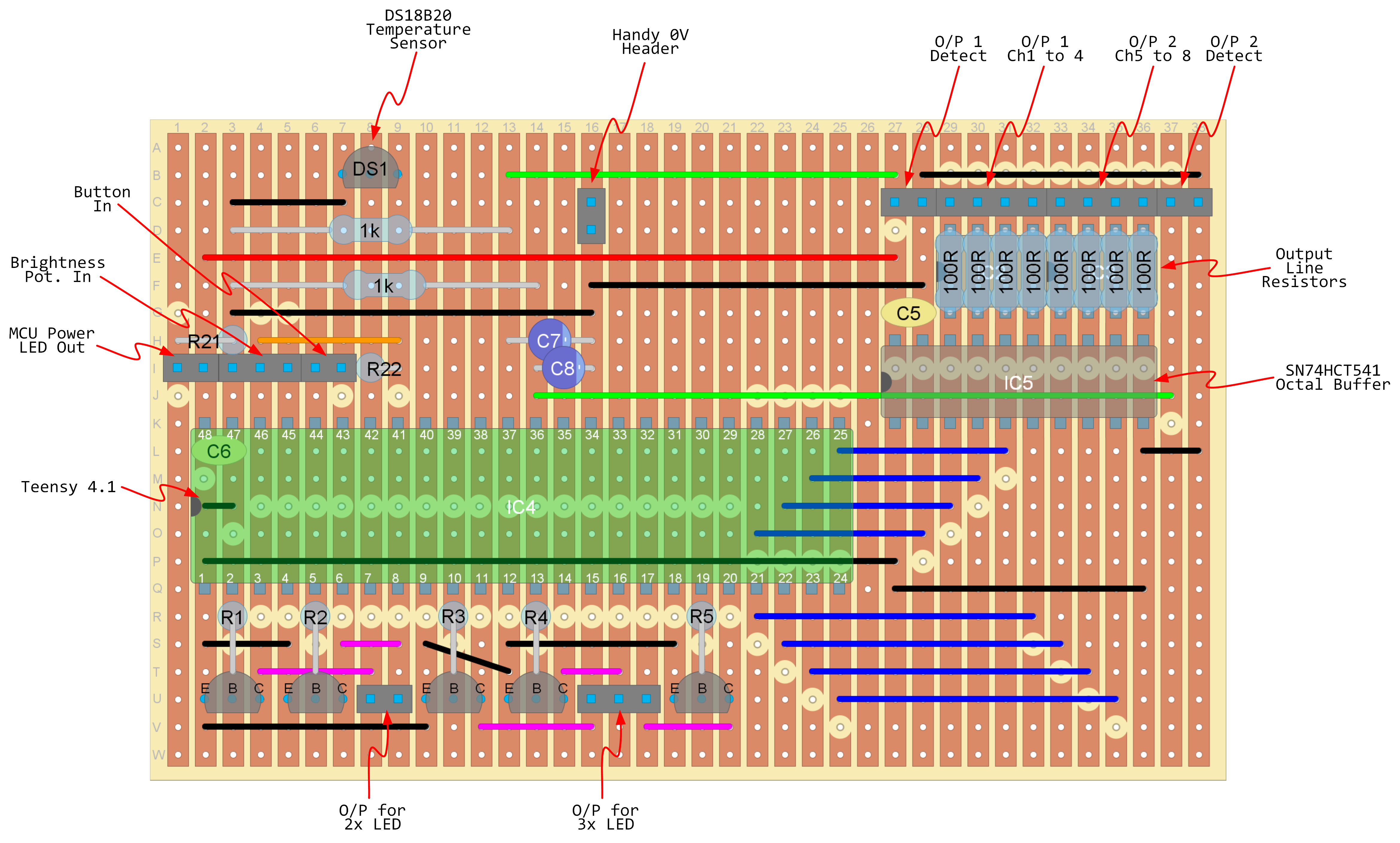 Design for the microcontroller board on Stripboard. Annotated for your convenience! Board Design