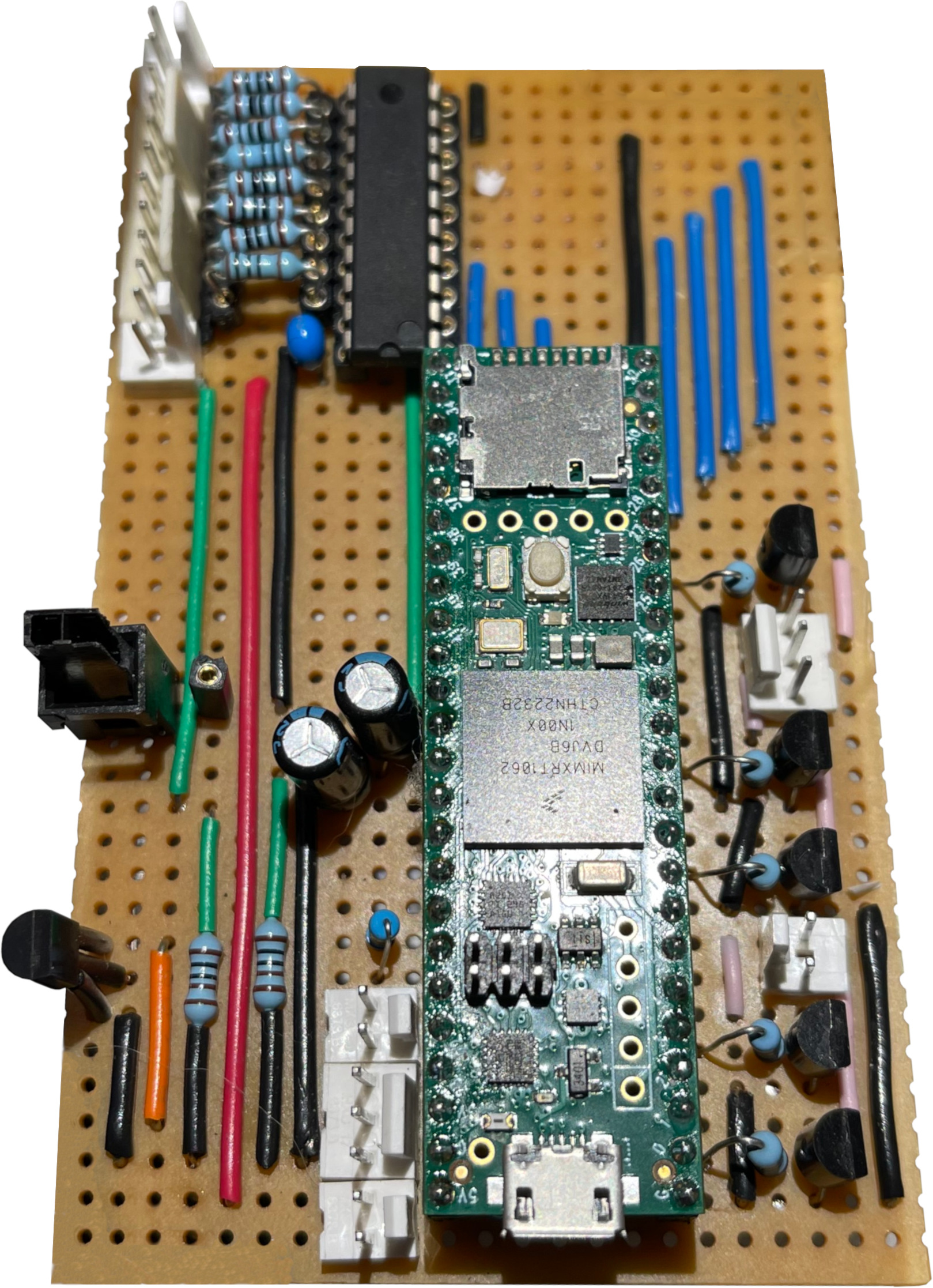 And here is the finished microcontroller board! Very minimal deviation from what was planned. The line matching resistors are in place here. Finished Board