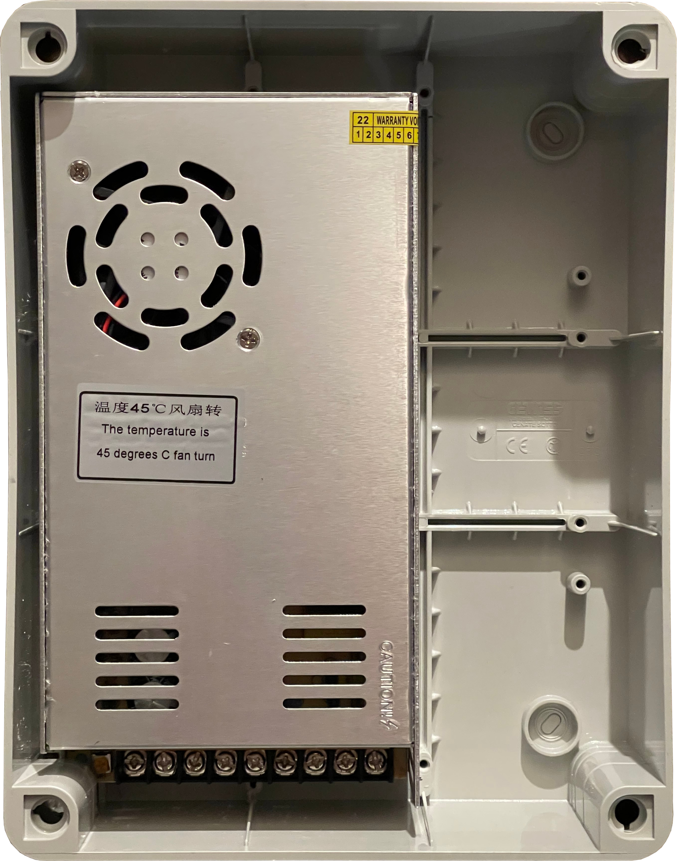 PSU mounted in the enclosure nicely. If you look carefully at the bottom left, you can see that I trimmed the top bit of the PSU enclosure off, and made a little notch in the main enclosure to make it fit. PSU Mounted